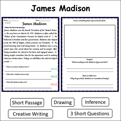 James Madison | Short Reading Comprehension Creative Worksheet