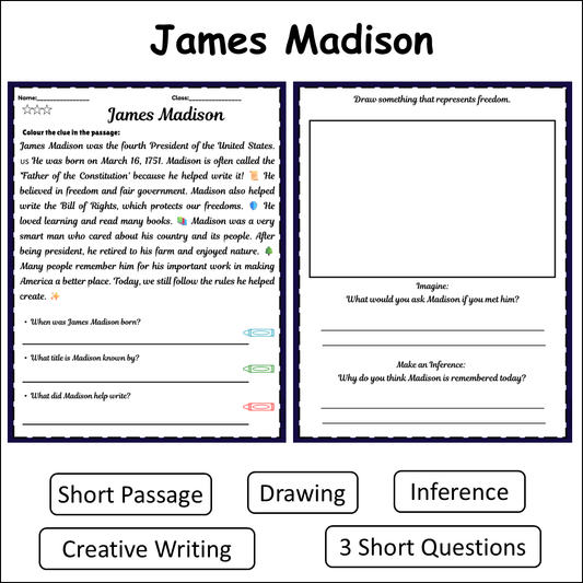 James Madison | Short Reading Comprehension Creative Worksheet
