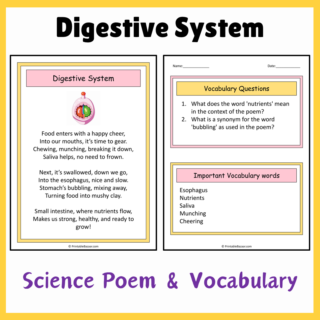 Digestive System | Science Poem Reading Comprehension Activity