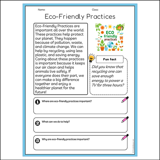 Eco-Friendly Practices | Reading Passage Comprehension Questions Writing Facts Worksheet