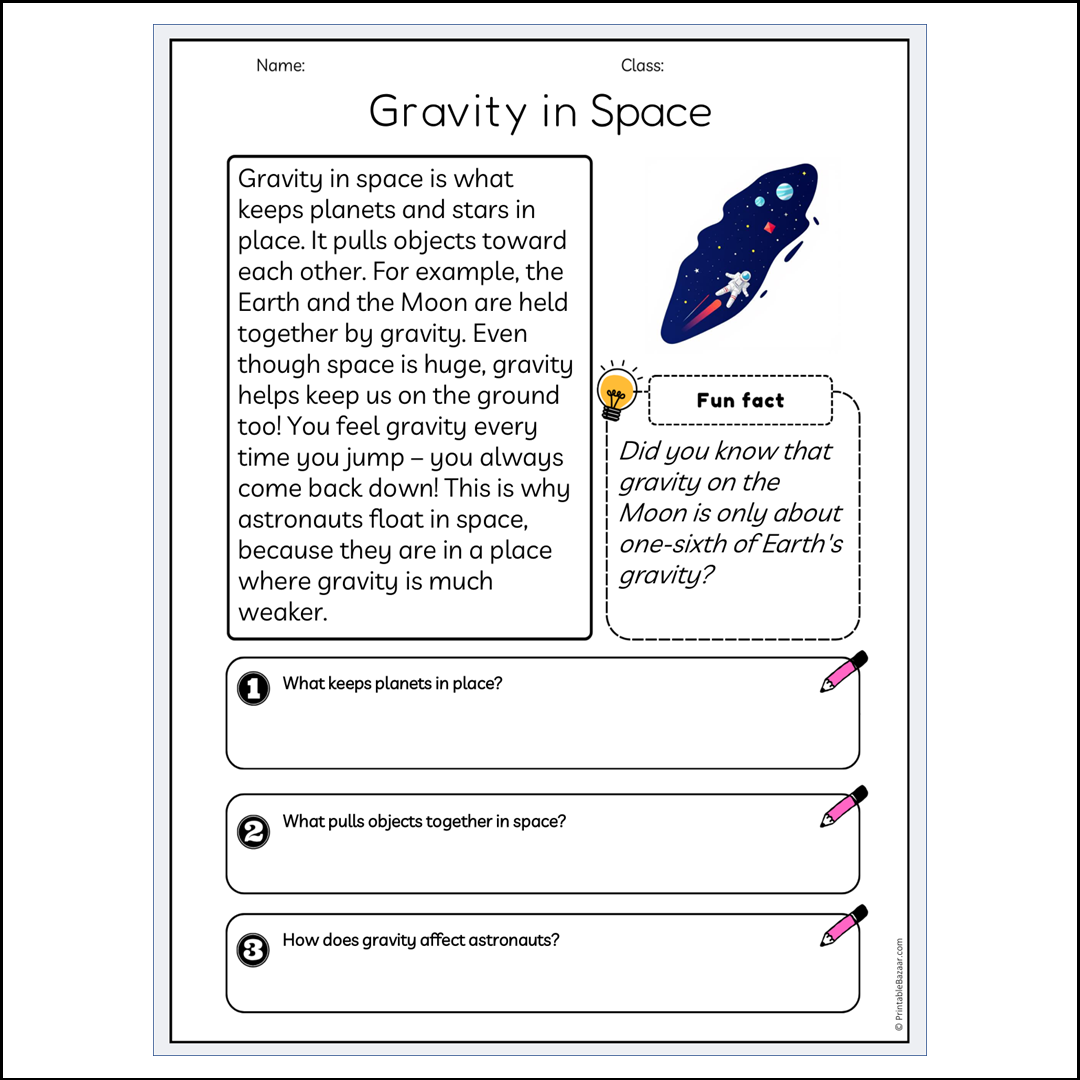 Gravity in Space | Reading Passage Comprehension Questions Writing Facts Worksheet