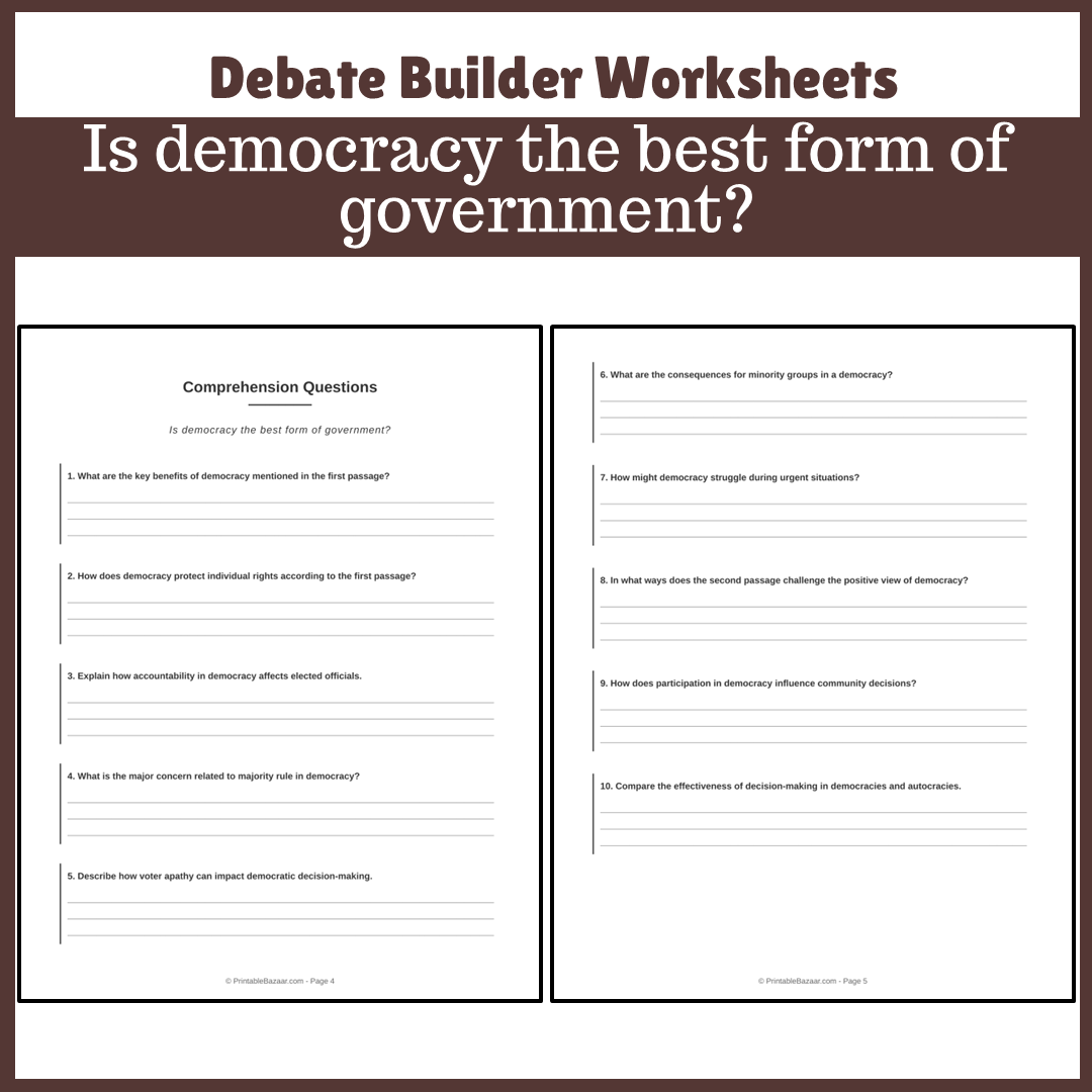 Is democracy the best form of government? | Favour and Against Worksheet Printable Activity
