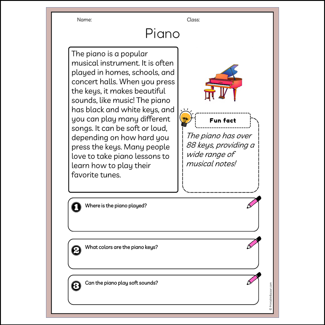 Piano | Reading Passage Comprehension Questions Writing Facts Worksheet