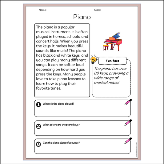 Piano | Reading Passage Comprehension Questions Writing Facts Worksheet