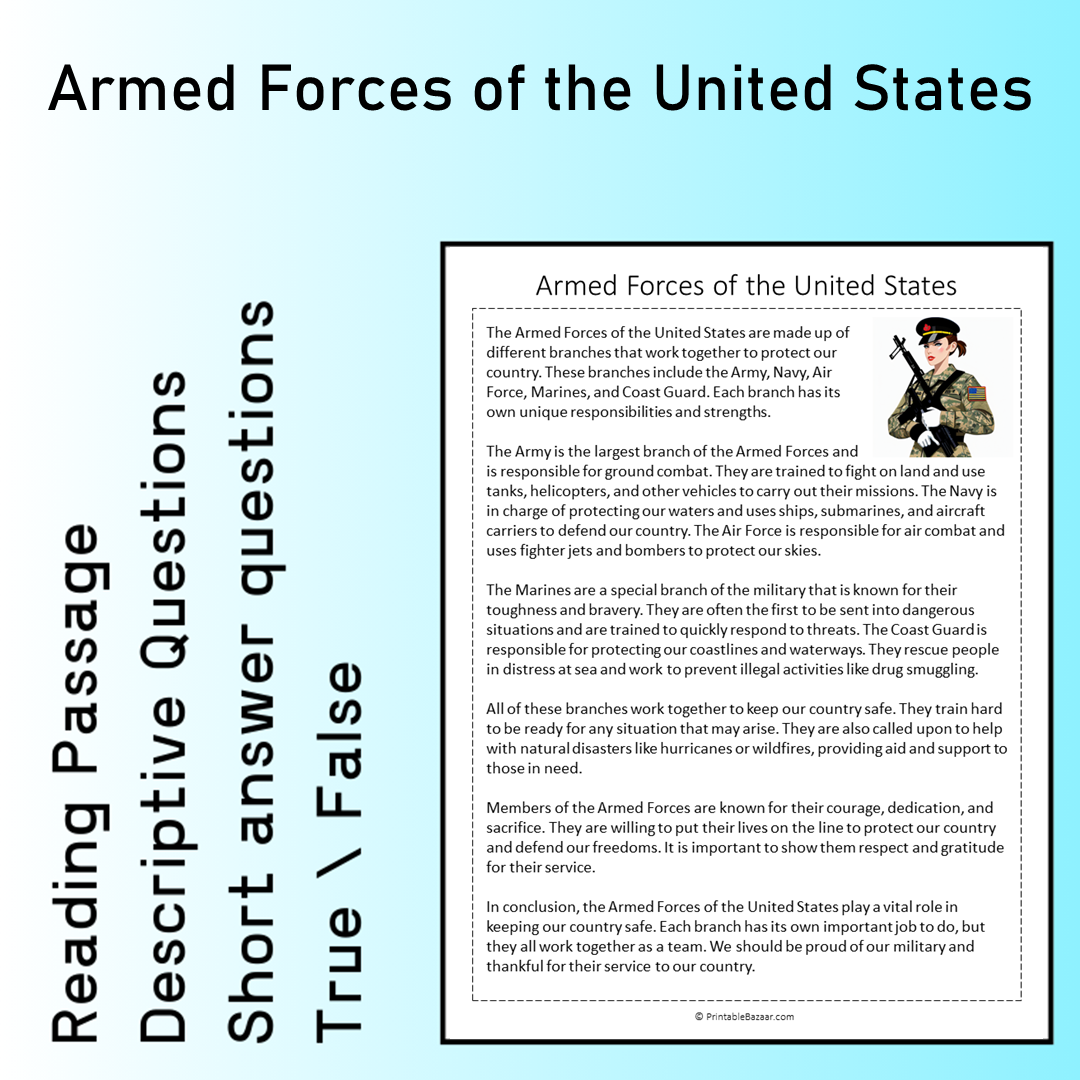 Armed Forces of the United States | Reading Comprehension Passage Printable Worksheet