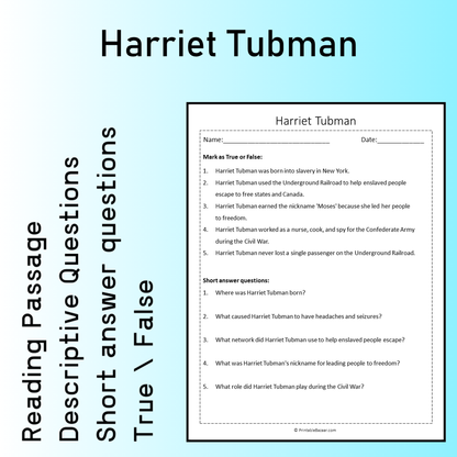 Harriet Tubman | Reading Comprehension Passage Printable Worksheet