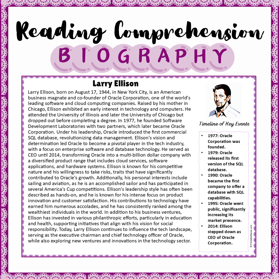 Larry Ellison | Biography Reading Comprehension and Questions Worksheet