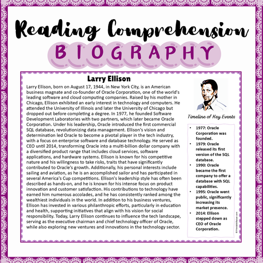Larry Ellison | Biography Reading Comprehension and Questions Worksheet