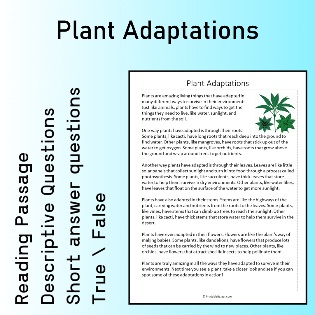 Plant Adaptations | Reading Comprehension Passage Printable Worksheet