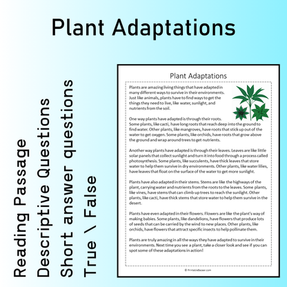 Plant Adaptations | Reading Comprehension Passage Printable Worksheet
