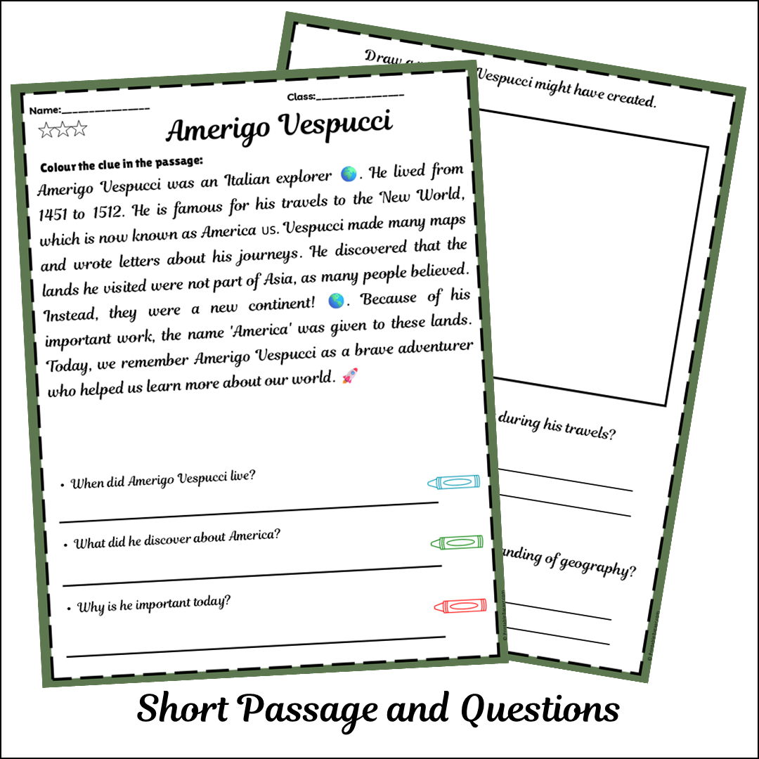 Amerigo Vespucci | Short Reading Comprehension Creative Worksheet