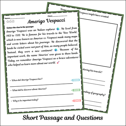 Amerigo Vespucci | Short Reading Comprehension Creative Worksheet
