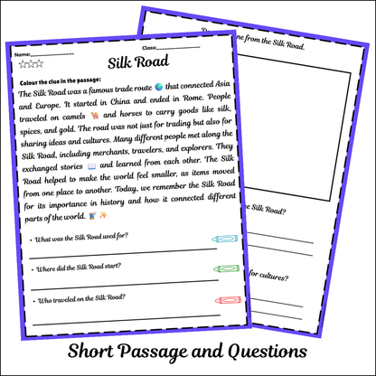 Silk Road | Short Reading Comprehension Creative Worksheet