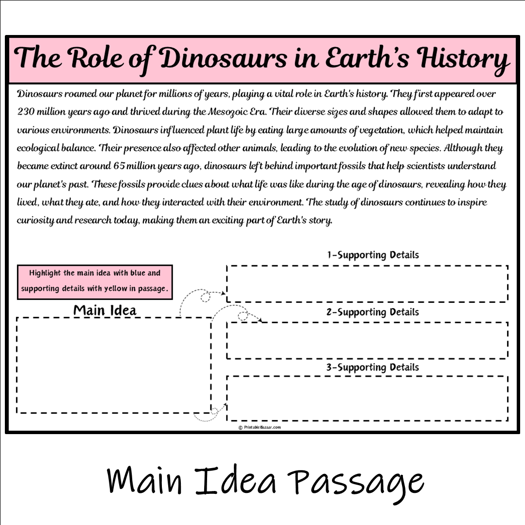 The Role of Dinosaurs in Earth’s History | Main Idea and Supporting Details Reading Passage and Questions