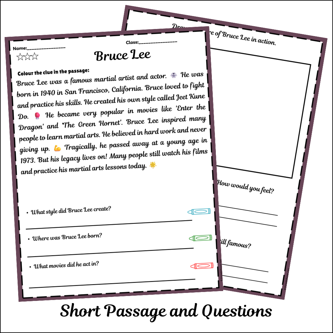 Bruce Lee | Short Reading Comprehension Creative Worksheet