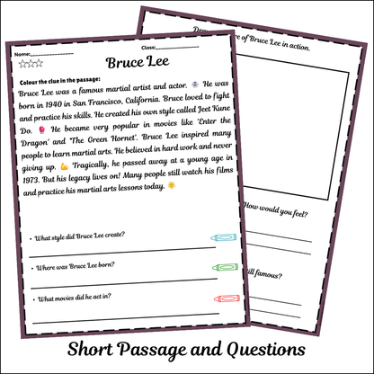 Bruce Lee | Short Reading Comprehension Creative Worksheet