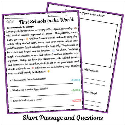 First Schools in the World | Short Reading Comprehension Creative Worksheet