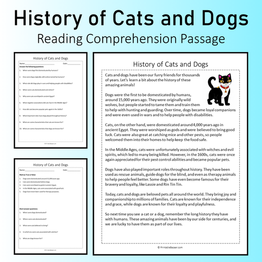 History of Cats and Dogs | Reading Comprehension Passage Printable Worksheet