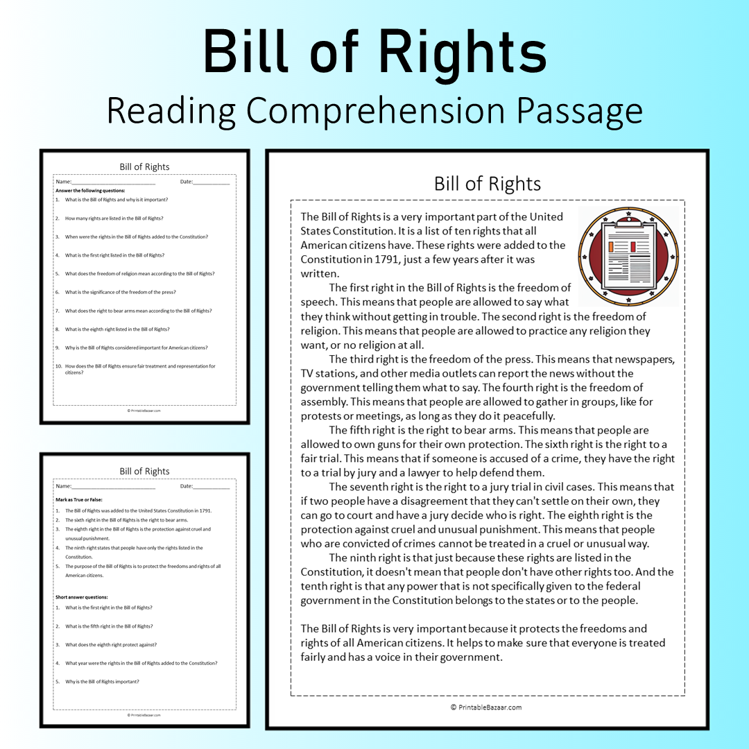 Bill of Rights | Reading Comprehension Passage Printable Worksheet