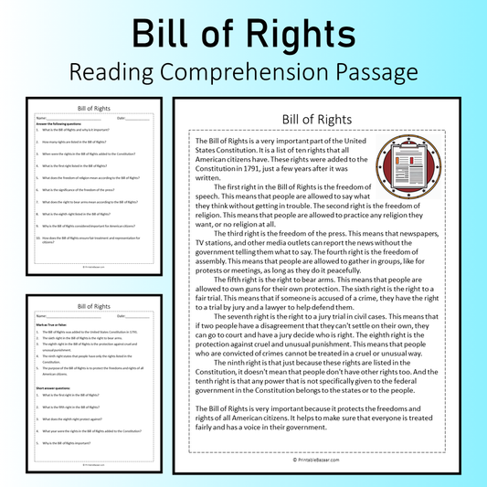 Bill of Rights | Reading Comprehension Passage Printable Worksheet