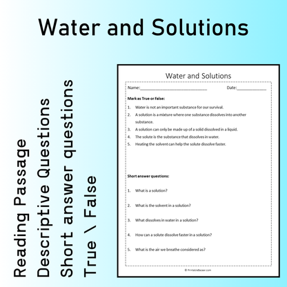 Water and Solutions | Reading Comprehension Passage Printable Worksheet