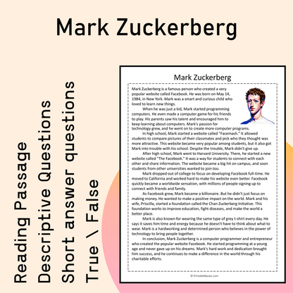 Mark Zuckerberg | Reading Comprehension Passage Printable Activity