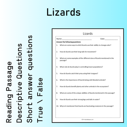 Lizards | Reading Comprehension Passage Printable Worksheet