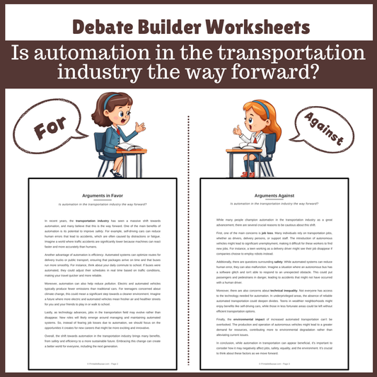 Is automation in the transportation industry the way forward? | Favour and Against Worksheet Printable Activity