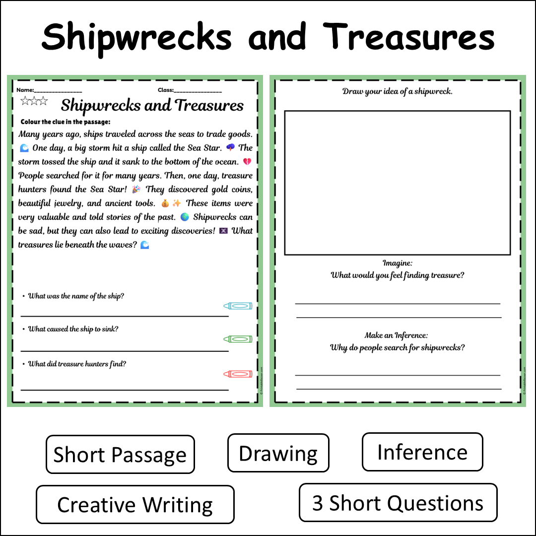 Shipwrecks and Treasures | Short Reading Comprehension Creative Worksheet