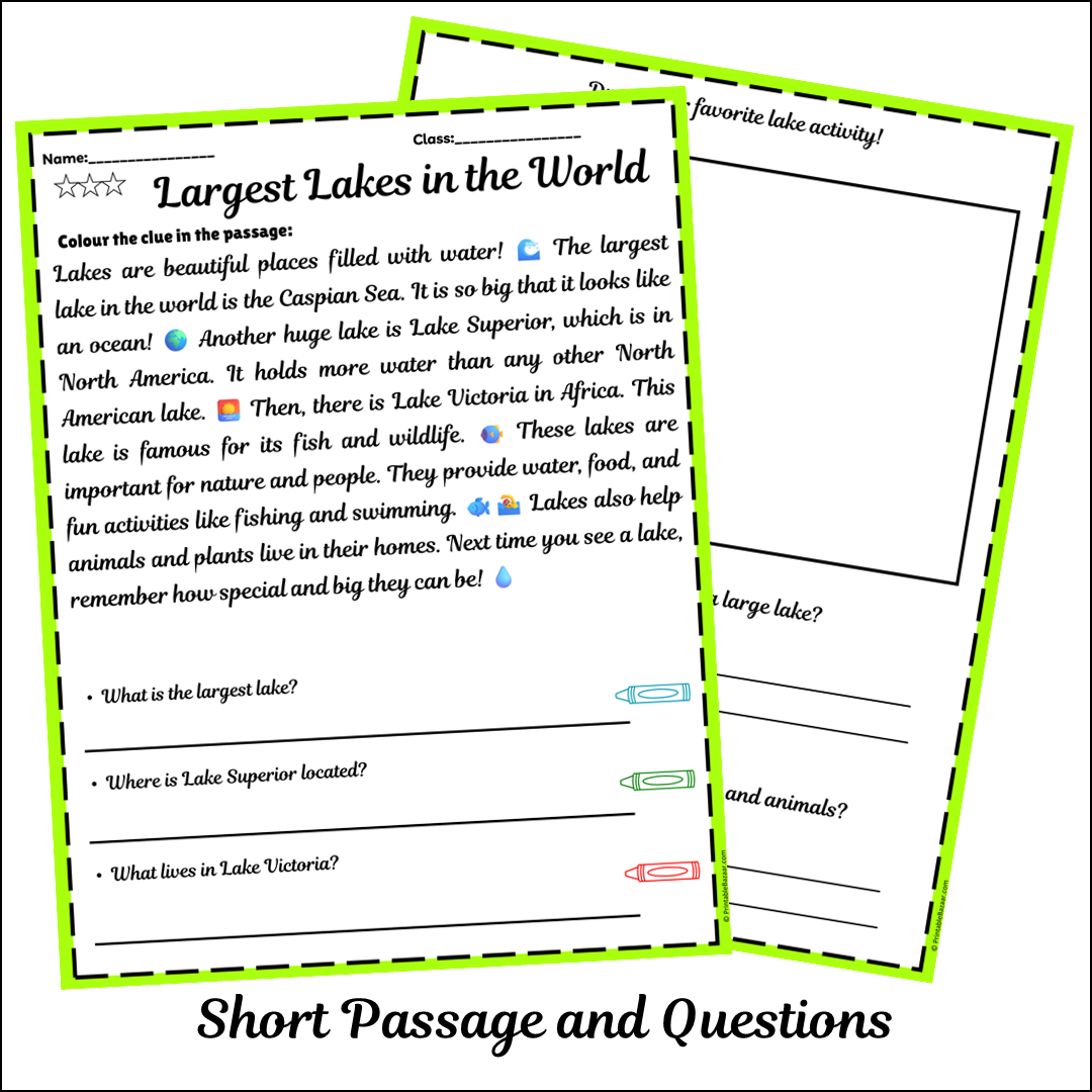 Largest Lakes in the World | Short Reading Comprehension Creative Worksheet
