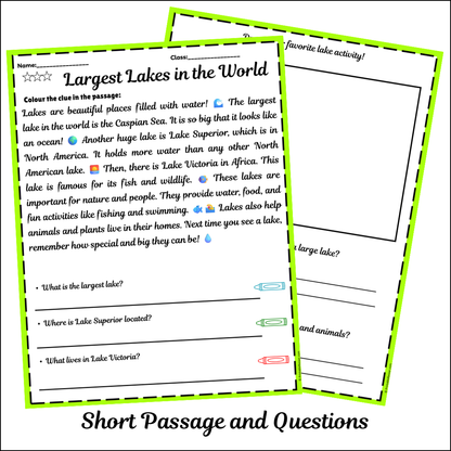 Largest Lakes in the World | Short Reading Comprehension Creative Worksheet