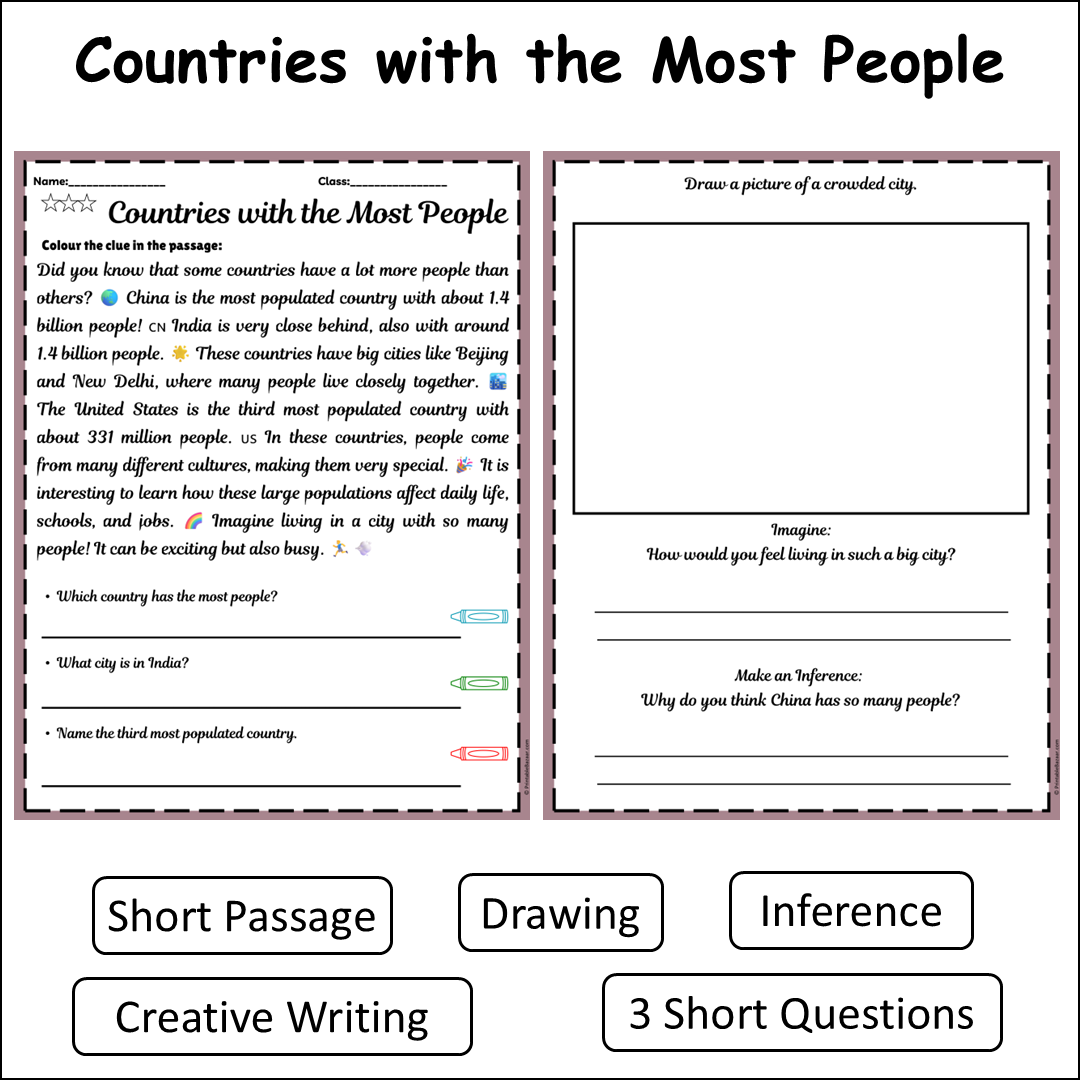 Countries with the Most People | Short Reading Comprehension Creative Worksheet