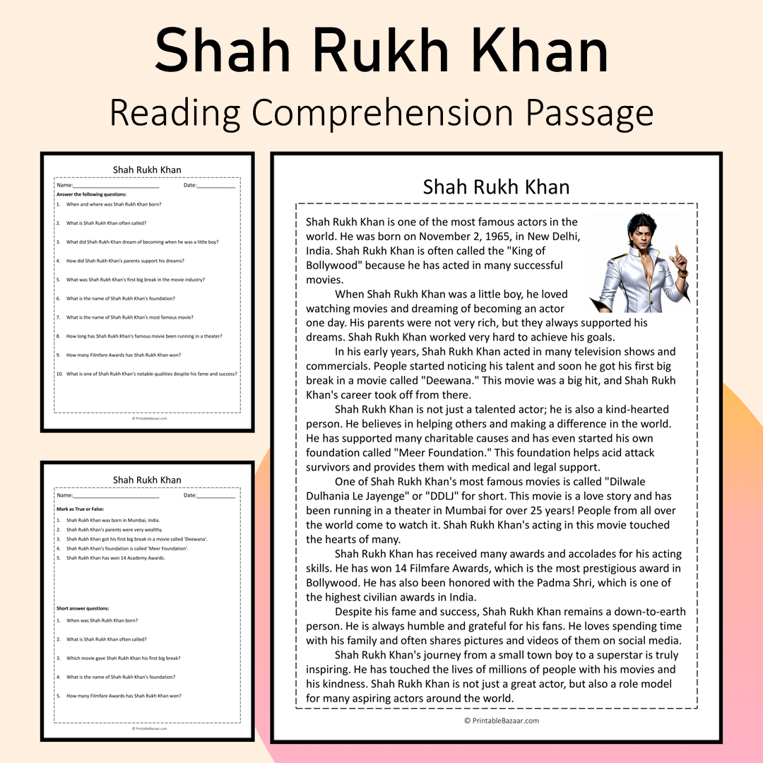 Shah Rukh Khan | Reading Comprehension Passage Printable Activity