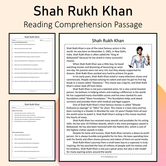 Shah Rukh Khan | Reading Comprehension Passage Printable Activity