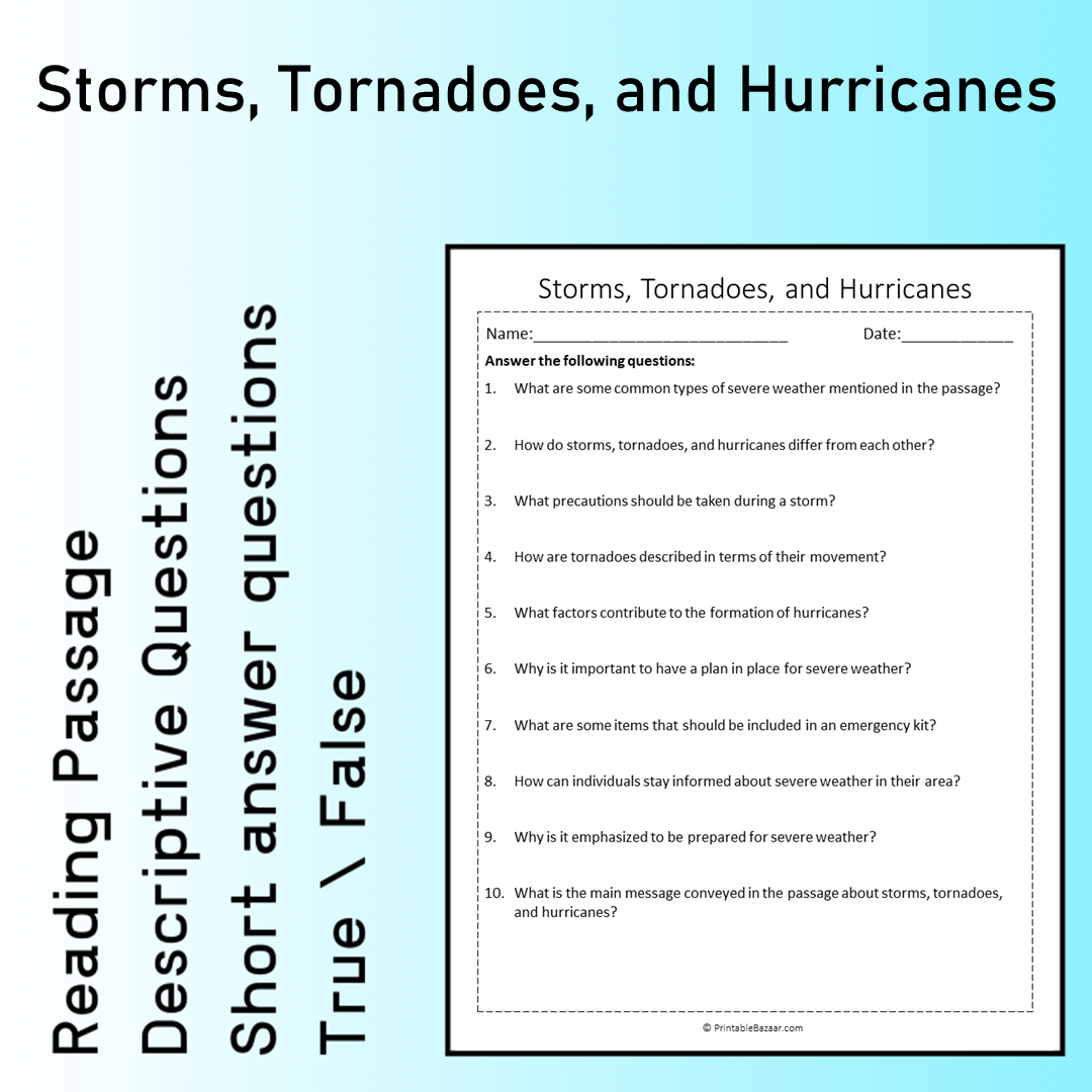 Storms, Tornadoes, and Hurricanes | Reading Comprehension Passage Printable Worksheet