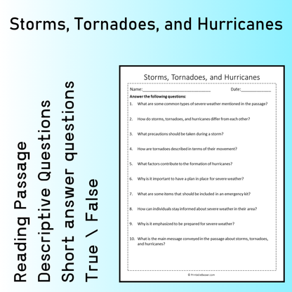 Storms, Tornadoes, and Hurricanes | Reading Comprehension Passage Printable Worksheet