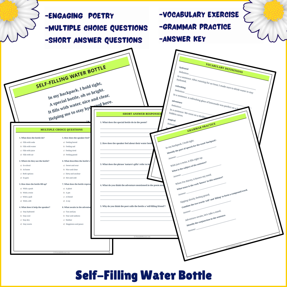 Self-Filling Water Bottle | Poem Grammar Worksheet Printable Activity