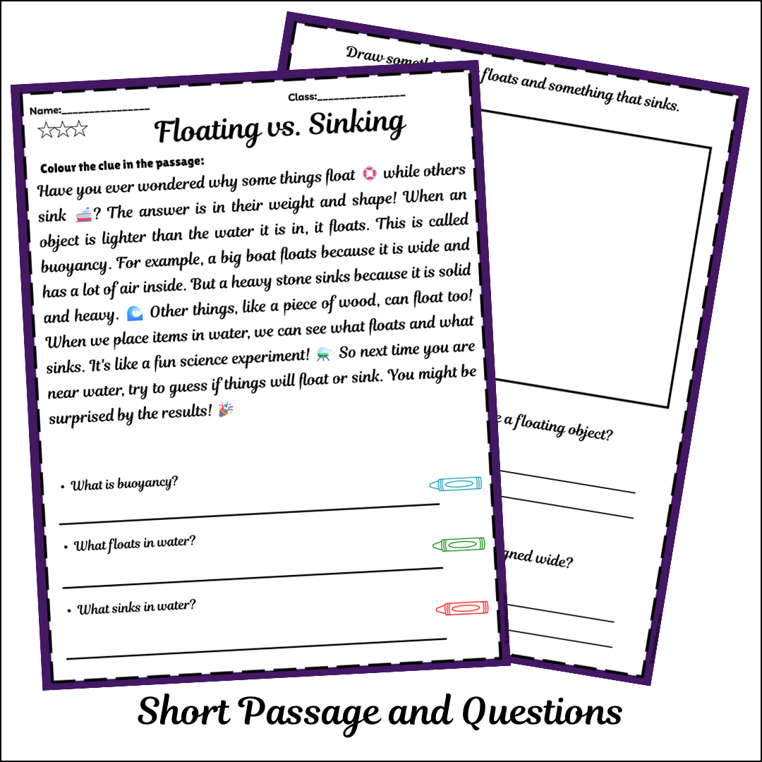 Floating vs. Sinking | Short Reading Comprehension Creative Worksheet