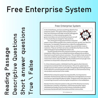 Free Enterprise System | Reading Comprehension Passage Printable Worksheet