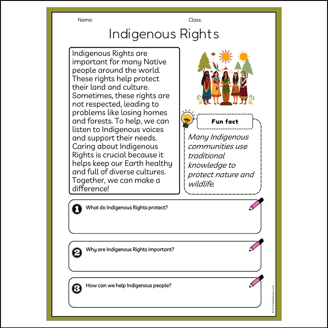 Indigenous Rights | Reading Passage Comprehension Questions Writing Facts Worksheet