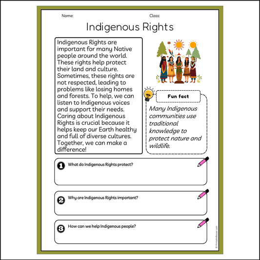 Indigenous Rights | Reading Passage Comprehension Questions Writing Facts Worksheet