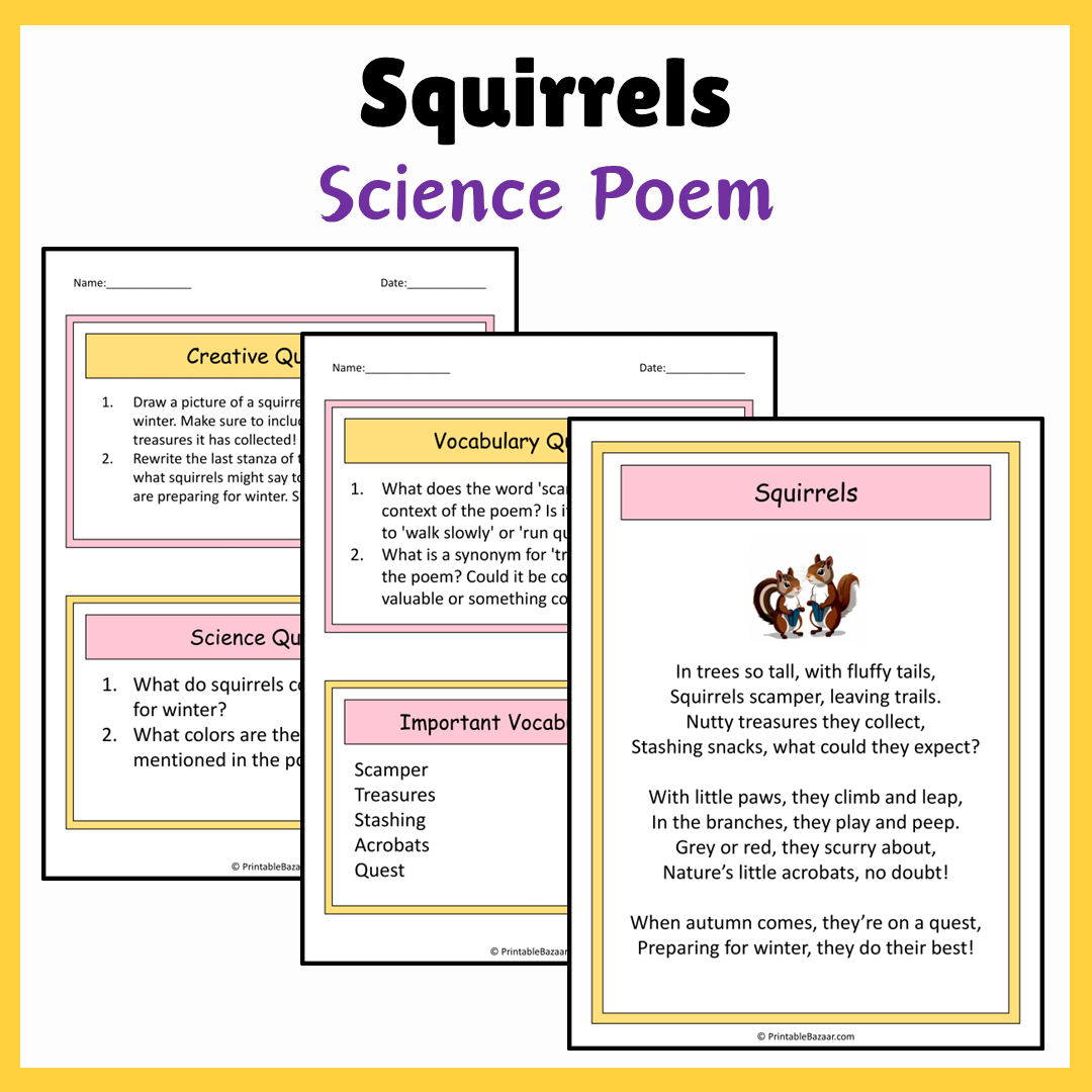 Squirrels | Science Poem Reading Comprehension Activity