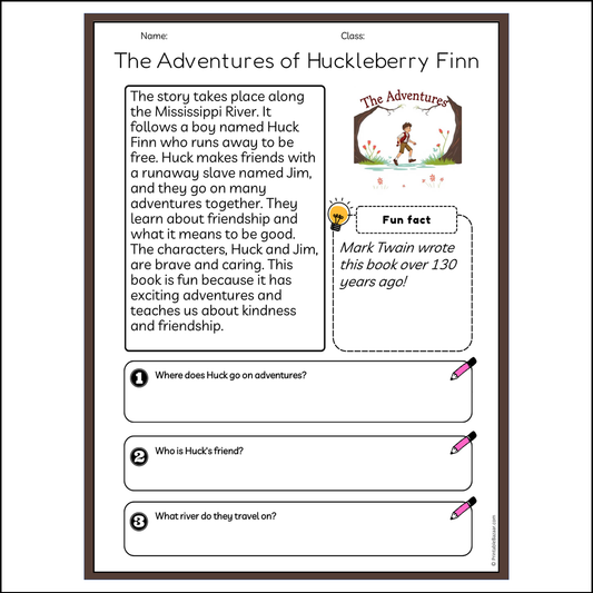 The Adventures of Huckleberry Finn | Reading Passage Comprehension Questions Writing Facts Worksheet