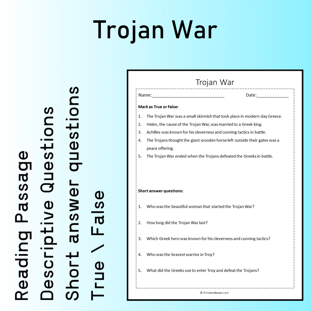 Trojan War | Reading Comprehension Passage Printable Worksheet