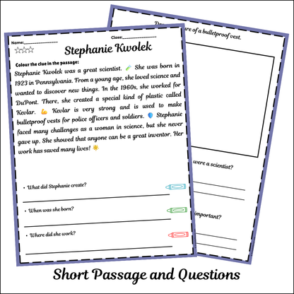 Stephanie Kwolek | Short Reading Comprehension Creative Worksheet