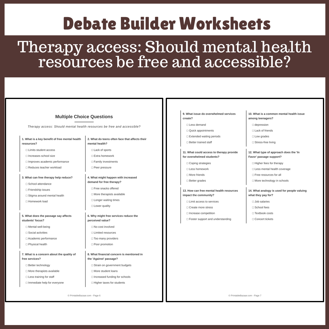 Therapy access: Should mental health resources be free and accessible? | Favour and Against Worksheet Printable Activity