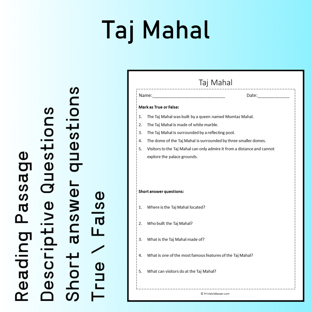 Taj Mahal | Reading Comprehension Passage Printable Worksheet