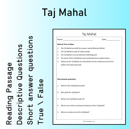 Taj Mahal | Reading Comprehension Passage Printable Worksheet