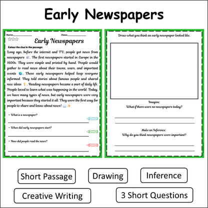 Early Newspapers | Short Reading Comprehension Creative Worksheet