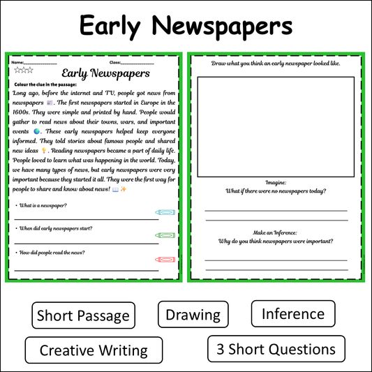 Early Newspapers | Short Reading Comprehension Creative Worksheet